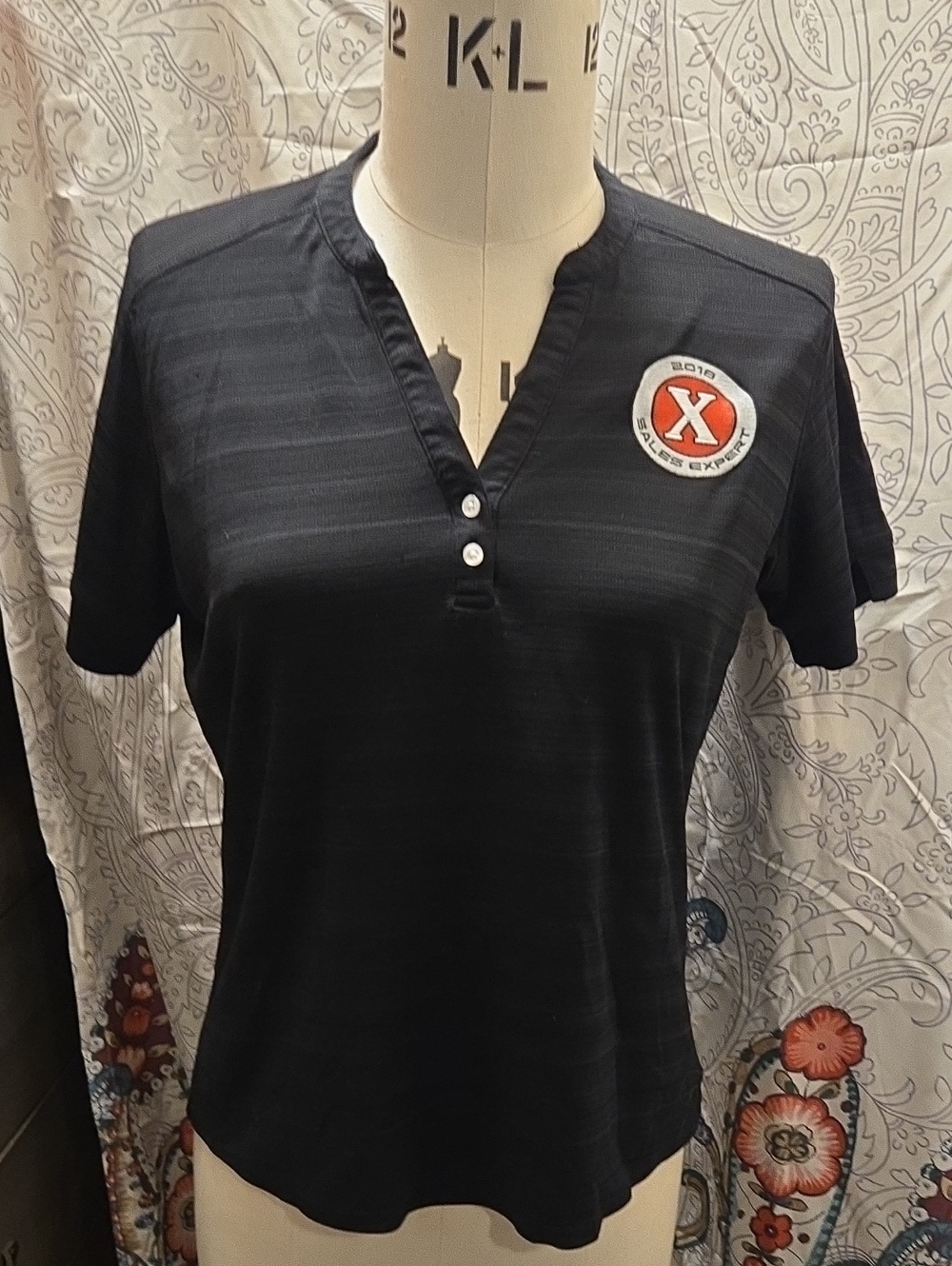 Women’s Black Short-Sleeve V-Neck Henley Tee with Logo Patch